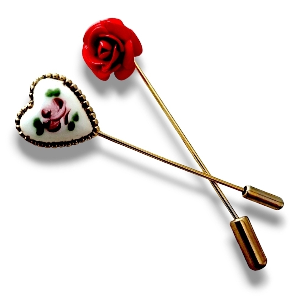 1950s Rose and Heart Enameled Goldtone Stickpins